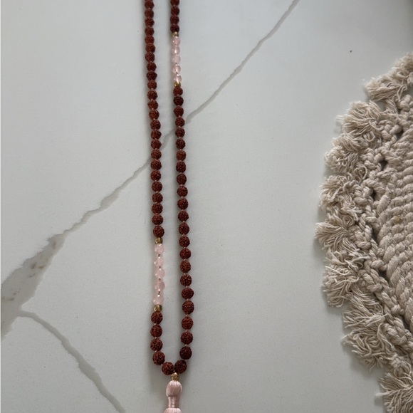 Satya Jewelry Jewelry - Satya Jewelry Brown Rudraksha & Pink Rose Quartz Tassel Necklace
